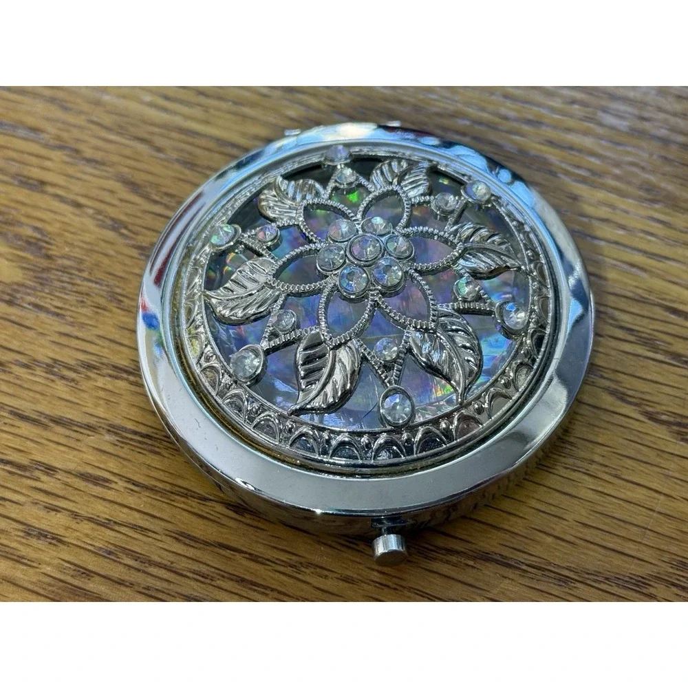 Compact Retro Mirror Silver Tone Bejeweled 2.75